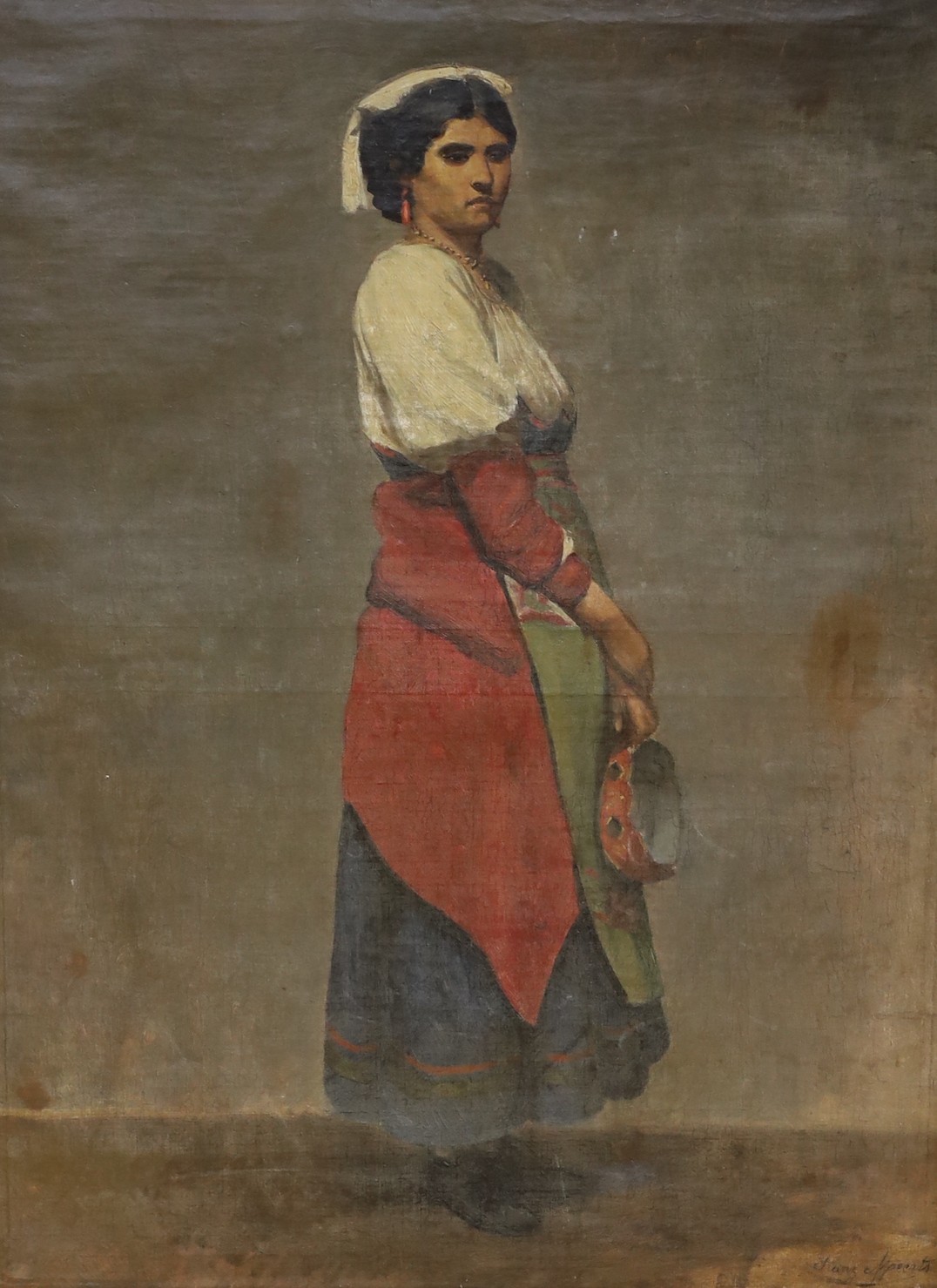 Franz Mpoerts, oil on canvas, Portrait of a standing Spanish woman holding a tambourine, signed, 68 x 50cm